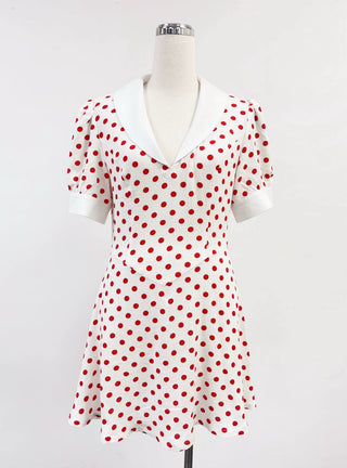 SAMPLE #411 - S Soft Linen Polka Dot Collared Mini Dress - White / Red