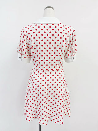 SAMPLE #411 - S Soft Linen Polka Dot Collared Mini Dress - White / Red