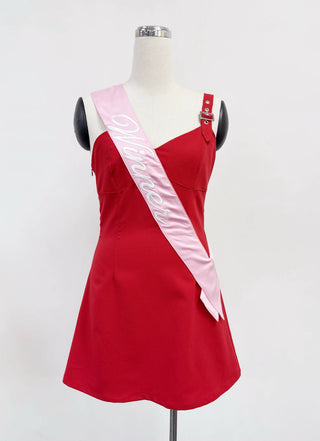 SAMPLE #414 - S Winner Sash Buckle Strap Mini Dress - Red/Pink