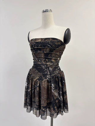 SAMPLE #418 - S Strapless Mesh Mini Dress - Forest Camo