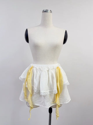 SAMPLE #422 - S Lace And Ribbon Mini Skirt - White / Yellow