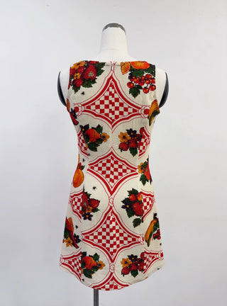 SAMPLE #425 - S Soft Linen Fruit Harvest Mini Dress - Red / Cream