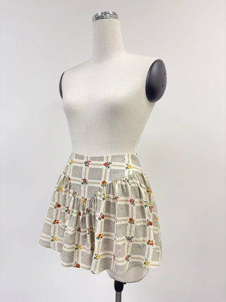 SAMPLE #426 - S Soft Linen Fruit Plaid Park Mini Skirt - Cream / Tan