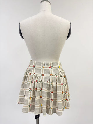 SAMPLE #426 - S Soft Linen Fruit Plaid Park Mini Skirt - Cream / Tan