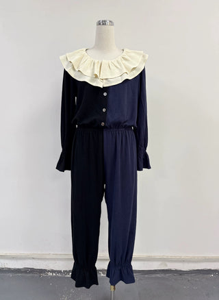 SAMPLE #428 - S Soft Linen Clown Collar Split Jester Jumpsuit - Black / Navy