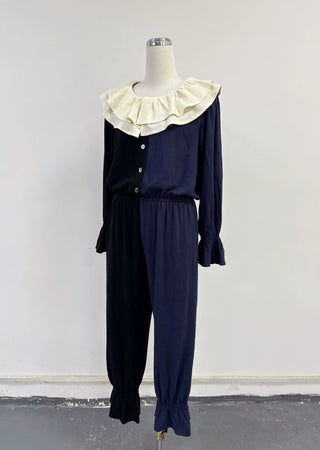 SAMPLE #428 - S Soft Linen Clown Collar Split Jester Jumpsuit - Black / Navy