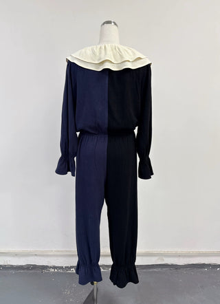 SAMPLE #428 - S Soft Linen Clown Collar Split Jester Jumpsuit - Black / Navy