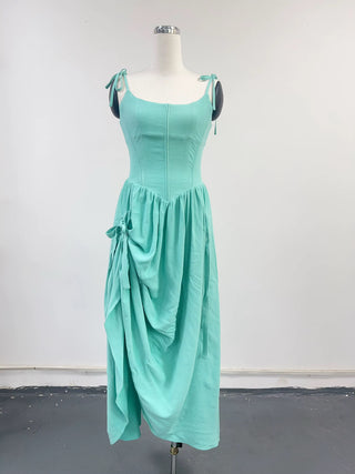 SAMPLE #433 - S Soft Linen Bustle Maxi Dress - Turquoise