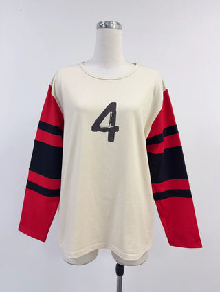 SAMPLE #437 - M Unisex Oversized Jersey Long Sleeve Tee - Cream / Red