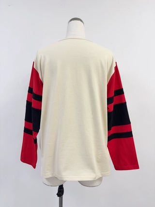 SAMPLE #437 - M Unisex Oversized Jersey Long Sleeve Tee - Cream / Red