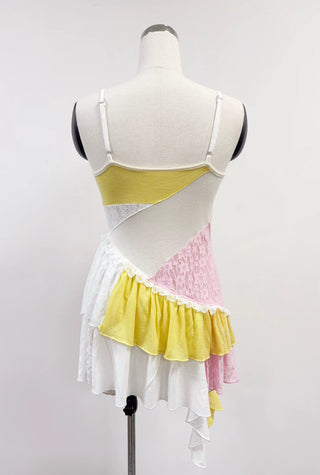 SAMPLE #442 - S Scrap Ruffle Mini Dress - White / Pink / Yellow