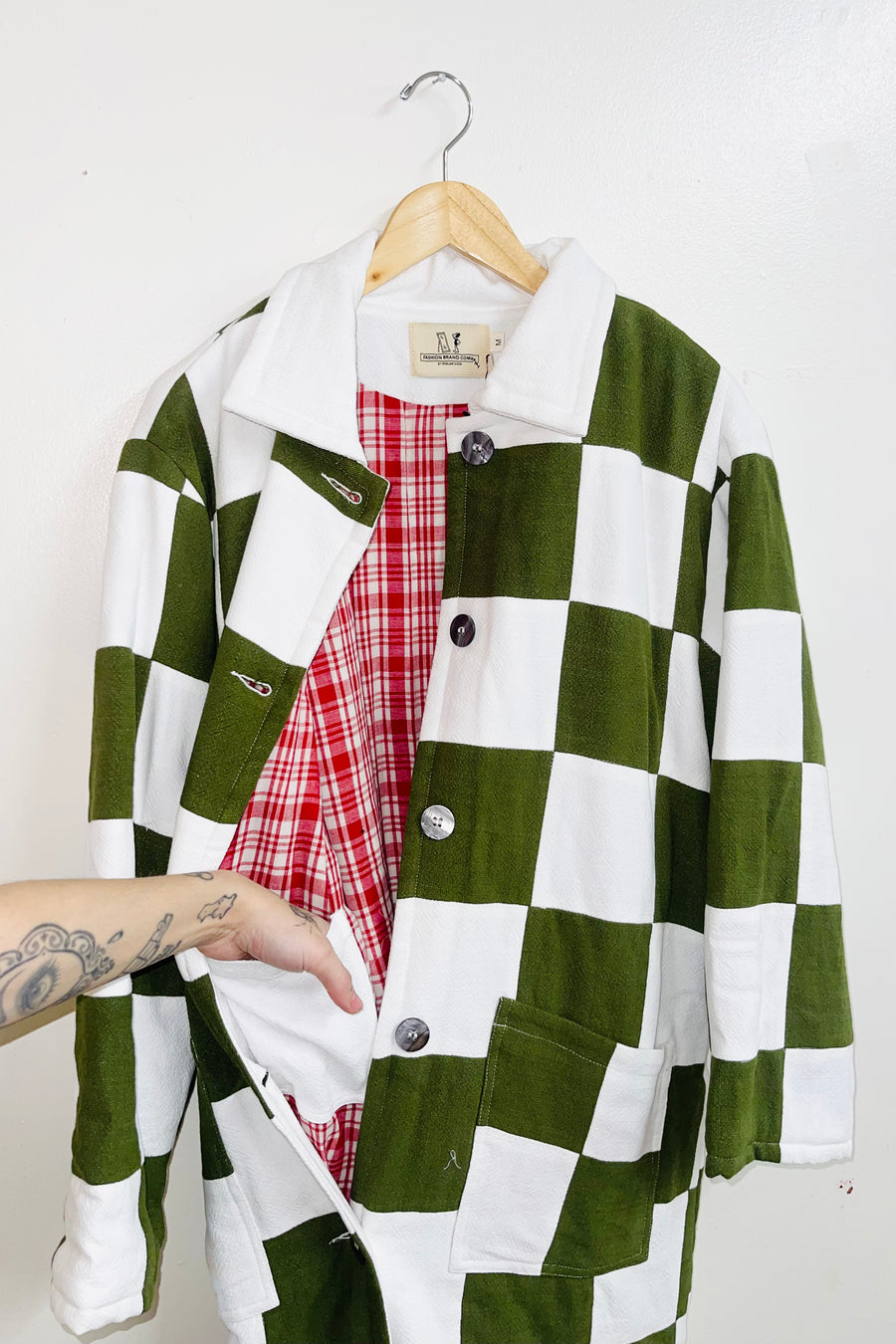 #9 M/L Scrap  Chessboard Quilted Coat Moss/White
