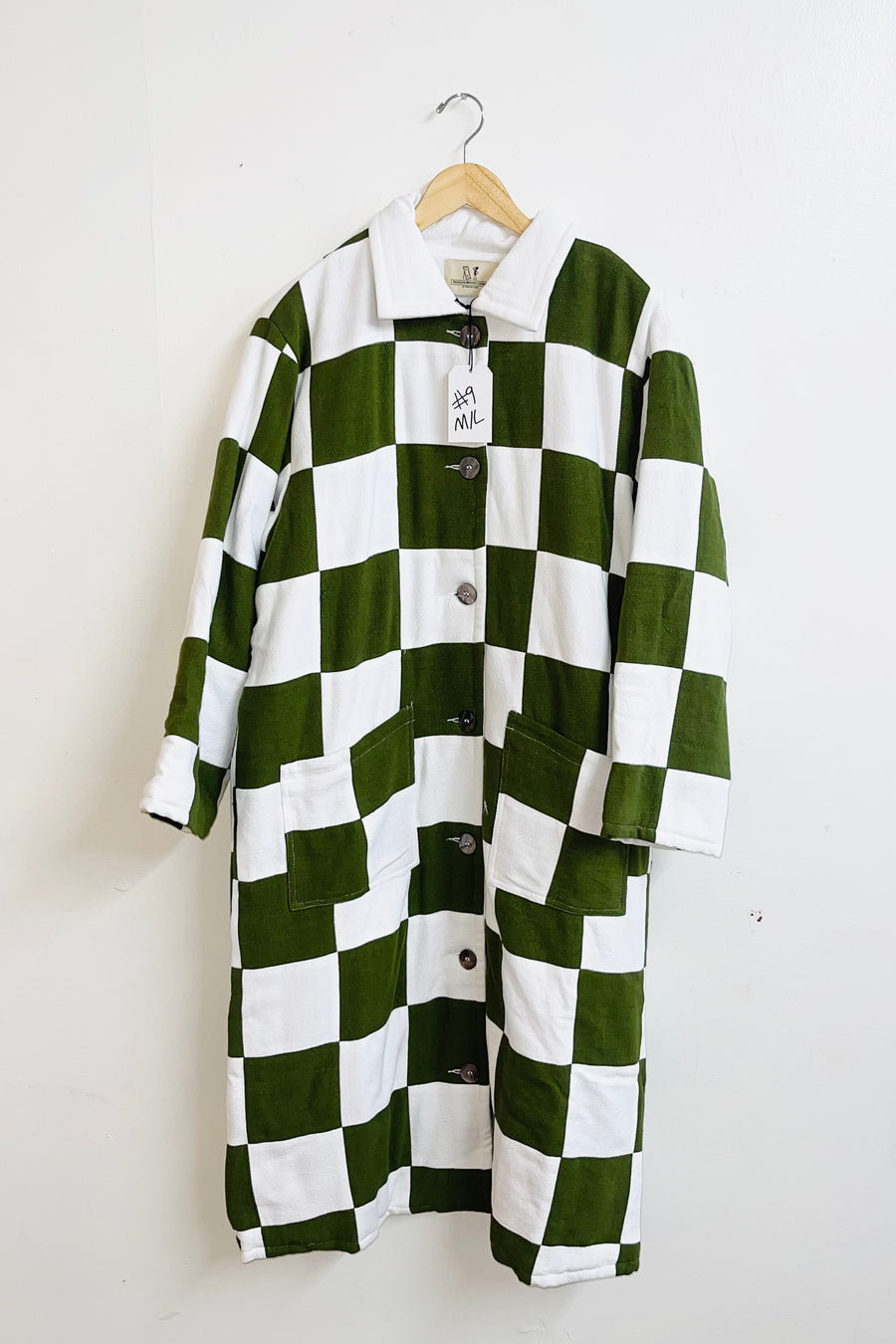 #9 M/L Scrap  Chessboard Quilted Coat Moss/White