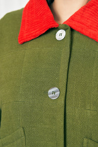 Pieced Barn Jacket Thick Linen Moss/Red