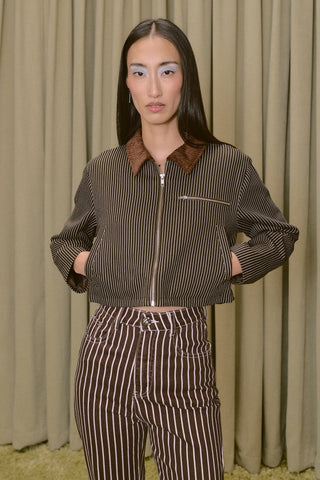 Canvas Construction Crop Jacket Brown Thin Railroad Stripe