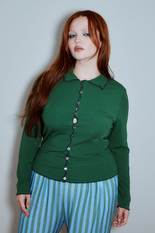 Long Sleeve Contrast Seam Tencel Rib Green/Navy