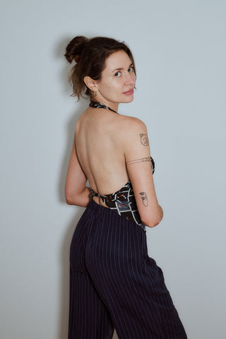 Soft Linen Backless Halter Top Cuter Fish
