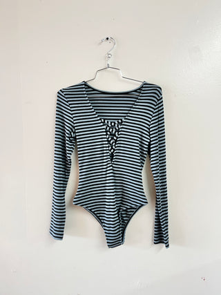 SAMPLE #247 - S Plunge Neckline Long Sleeve Bodysuit - Blue Stripe