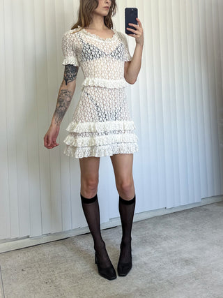 SAMPLE #152 - S Lace Ruffle Sheer Mini Dress - White
