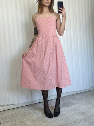 SAMPLE #153 - S Basque Waist Gingham Midi Dress - Pink