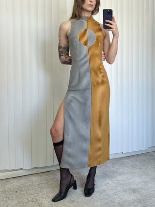 SAMPLE #155 - S Split Stripe Mock Neck Maxi Dress - Yellow / Blue