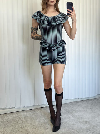 SAMPLE #161 - S Ruffle Scoop Romper Tencel/Wool Stripe - Blue