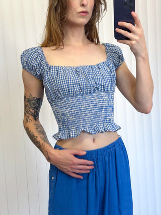 SAMPLE #170 - S Smocked Waist Top Gingham - Blue / White