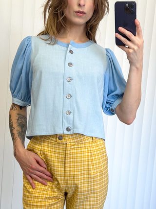 SAMPLE #169 - S Scoop Neck Button Up Blouse - Light Blue