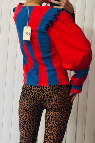 SAMPLE #825 - S Blue and Red Bishop Sleeve Top