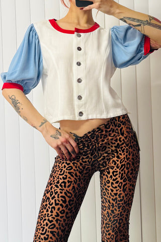 SAMPLE #826 - S White, Blue, and Red Puff Sleeve Top