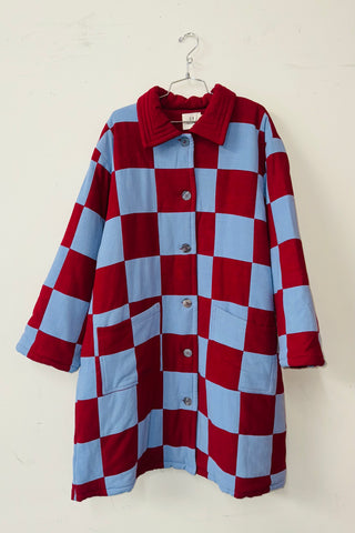 #22 XL/1X  Scrap Chessboard Quilted Coat Burgundy/Blue