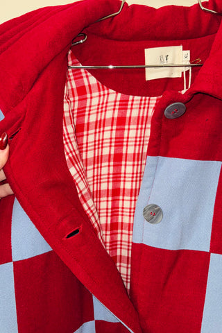 #22 XL/1X  Scrap Chessboard Quilted Coat Burgundy/Blue