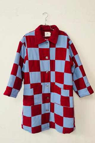 #19 M/L Scrap Chessboard Quilted Coat Burgundy/Blue
