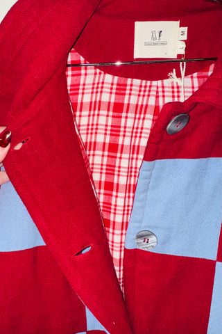 #19 M/L Scrap Chessboard Quilted Coat Burgundy/Blue