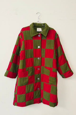 #17 M/L Scrap Chessboard Quilted Coat Moss/Red