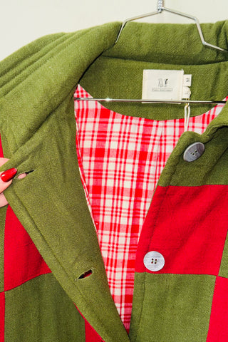 #17 M/L Scrap Chessboard Quilted Coat Moss/Red