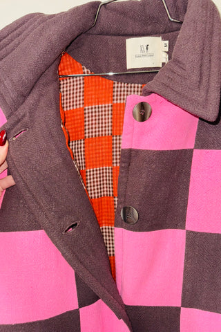 #16 M/L Scrap Chessboard Quilted Coat Pink/Brown