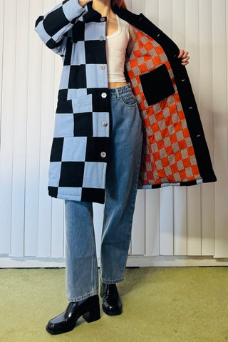 #13 XS/S Scrap Chessboard Quilted Coat Blue/Black