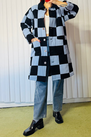 #13 XS/S Scrap Chessboard Quilted Coat Blue/Black
