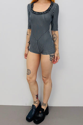 SAMPLE #422 - S Tencel Blue and Black Striped Romper