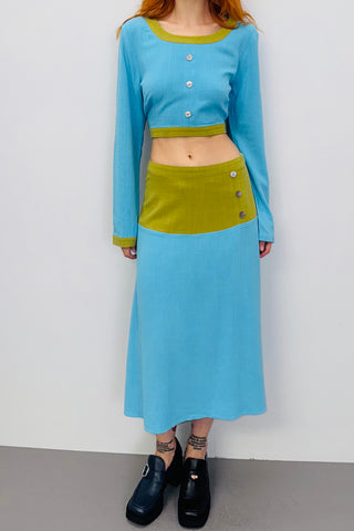 SAMPLE #433 - S Teal / Green Blouse Linen Skirt Set