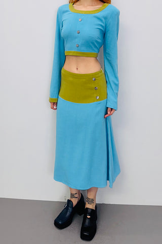 SAMPLE #433 - S Teal / Green Blouse Linen Skirt Set