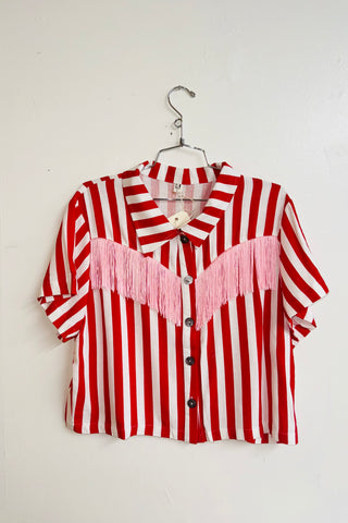 Scrap Linen Blouse #15 - L Red Striped