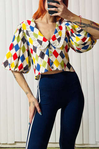 SAMPLE #607 - M Harlequin Puff Sleeve Blouse