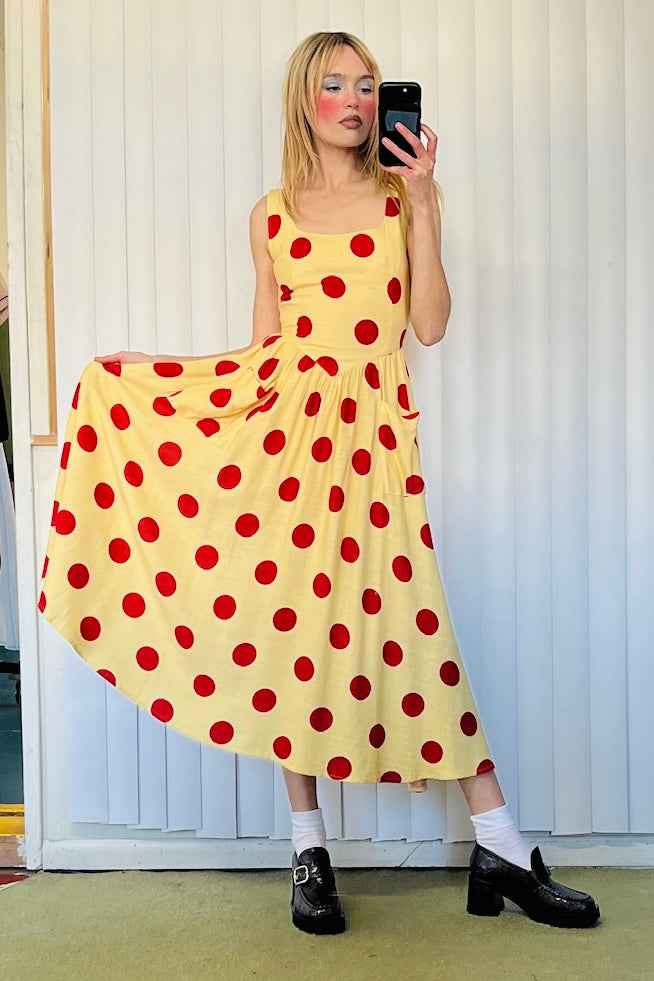 Tradwife Soft Linen Dress Red/Yellow Polka Dot L / Red/Yellow Polka Dot Tradwife Soft Linen Dress Red/Yellow Polka Dot L / Red/Yellow Polka Dot