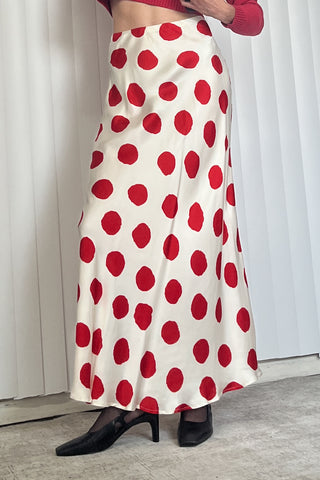SAMPLE #108 - S Polka Dot Satin Maxi Slip Skirt - White / Red