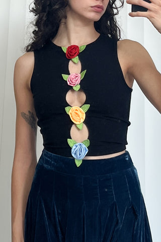 SAMPLE #44 -  S - 3 Hole Punch Tencel Rib Roses Top - Rainbow