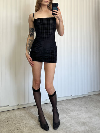 SAMPLE #135 - S Plaid Velvet/Mesh Mini Tank Dress - Black