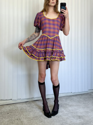 SAMPLE #144 - S Loretta Ruffle Mini Dress Plaid - Purple / Yellow