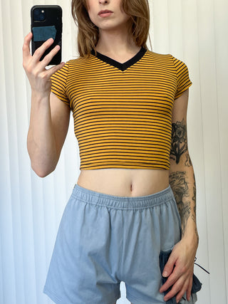SAMPLE #175 - S V Neck Striped Cotton Tee - Yellow / Black